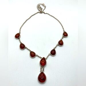 Vtg Sterling Baltic Amber Pear / Tear Drop Shape Stone Necklace 15” + 2” Ext